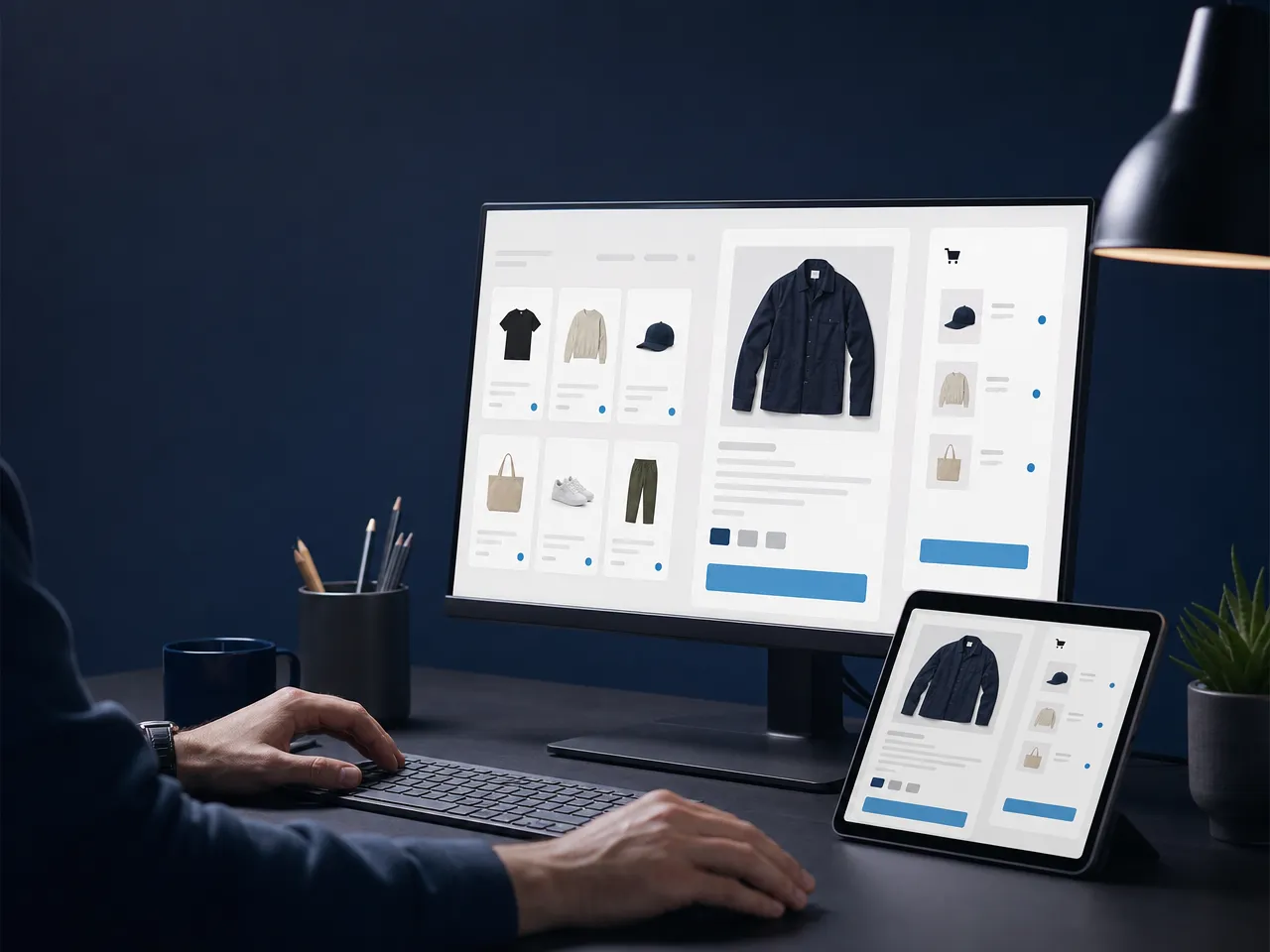 Validation d’une interface e-commerce sur ordinateur et tablette dans l’agence.